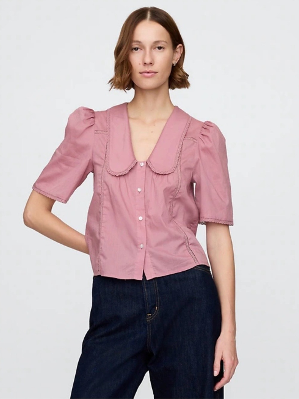 GAP Fairy Coquette Cottagecore Peter Pan Collar Top Lace Trim Pink SZ XS
